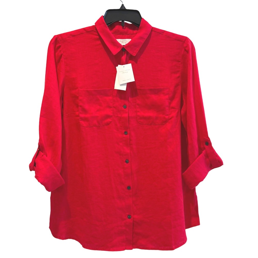 Charter Club Luxury Womens Red Barn 100% Linen Roll-Tab Button Down Shirt Large